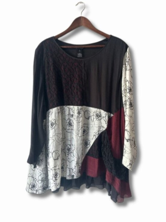 Ali Miles Tops - Ali Miles Womens 3X Blouse Mixed Media Floral Lace Colorblock Dark Cottagecore